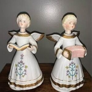 Vintage Schmid Angel Musical Figurines Rotating Bisque Japan Set‎ of 2